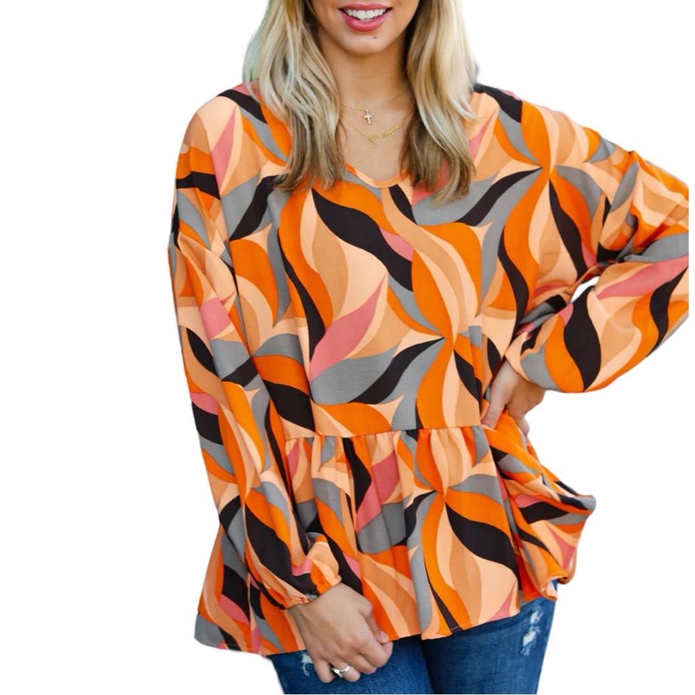 NEW HAPTICS RUST ABSTRACT PRINT V NECK PEPLUM TOP - Picture 2 of 10